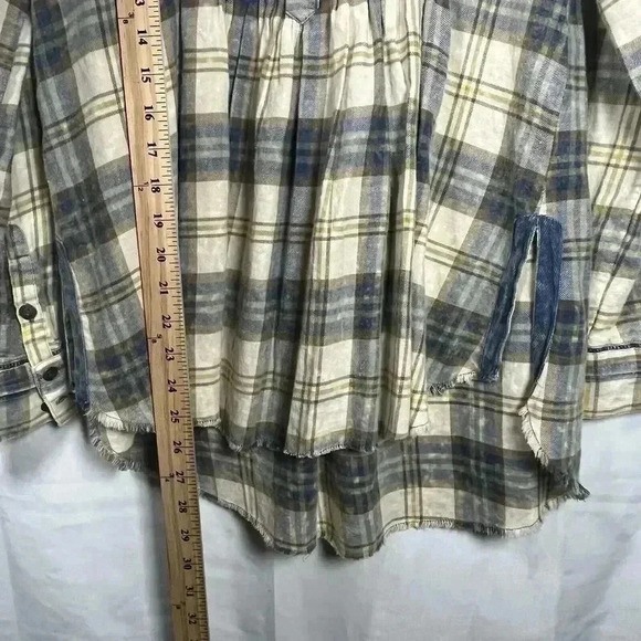 BKE flannel pleated button up long sleeve blouse womens XS 100% Cotton blue tan - Picture 8 of 9